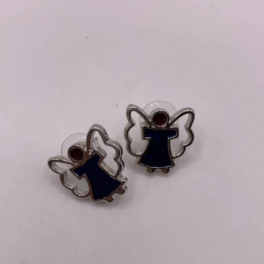 🖤Silver tone blue and red enamel angel earrings - Picture 1 of 4
